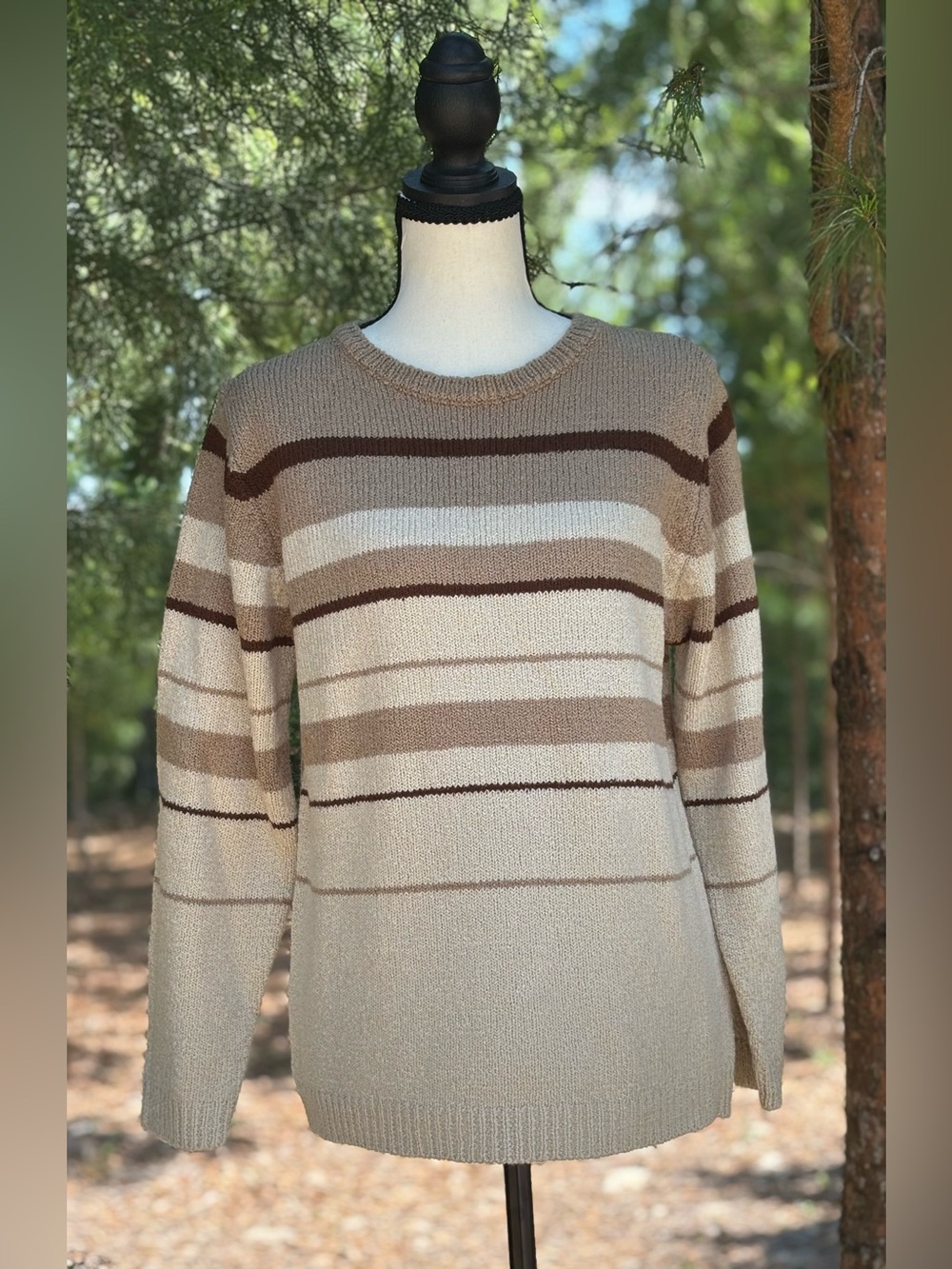 Vintage Carolyn Taylor Striped Crewneck Sweater in Beige, Tan & Brown